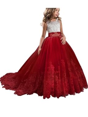 Embellished White & Red Tulle Ball Gown for Girls